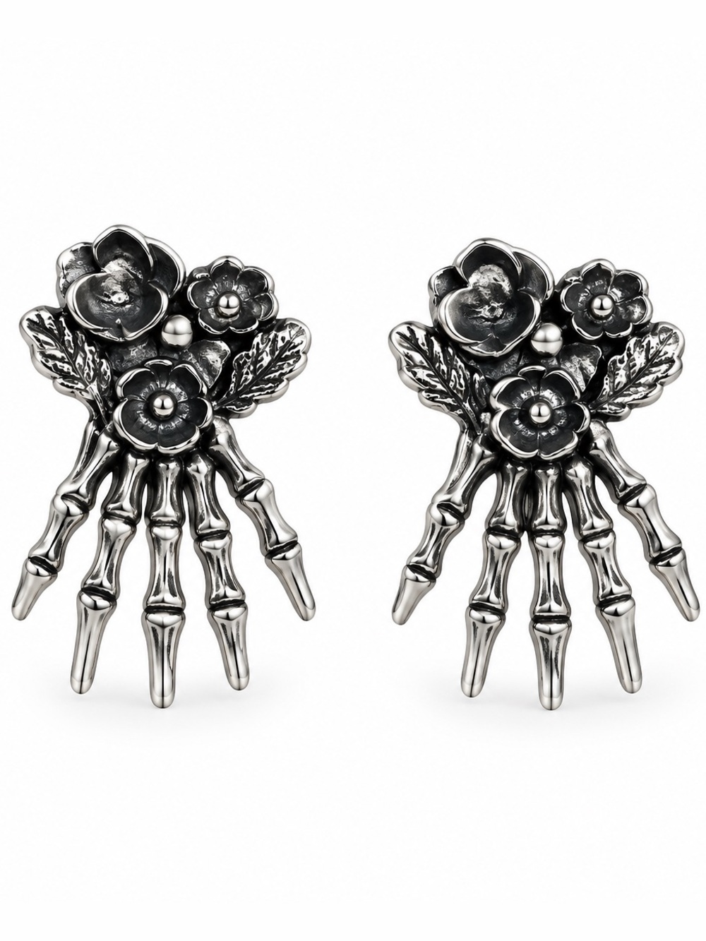 Sterling Silver Floral Skeleton Hand Earrings